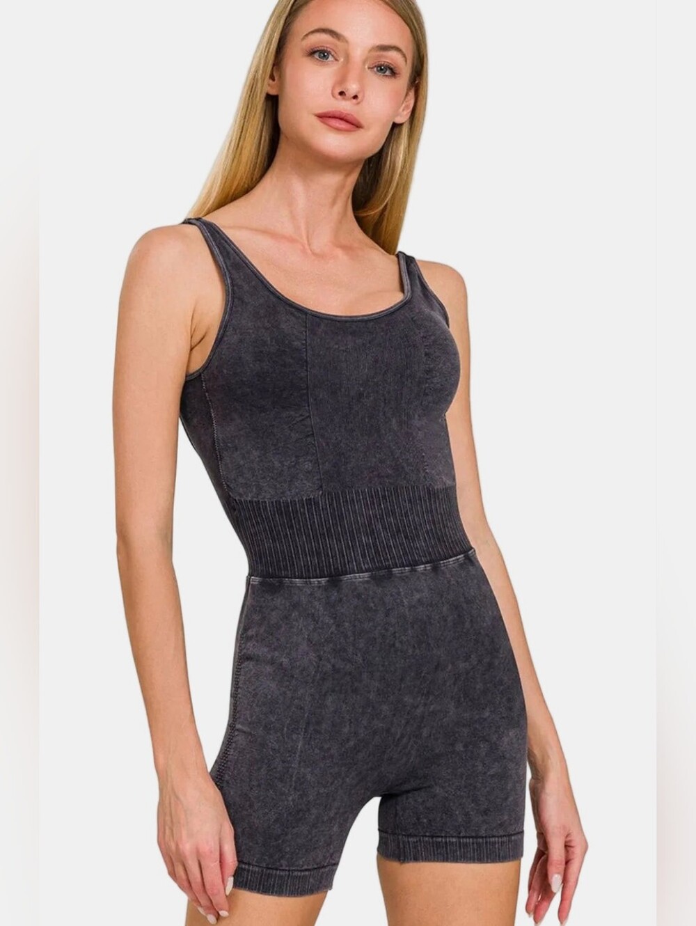 Zenana Mineral Wash Sport Romper In Ash Black, Various Sizes